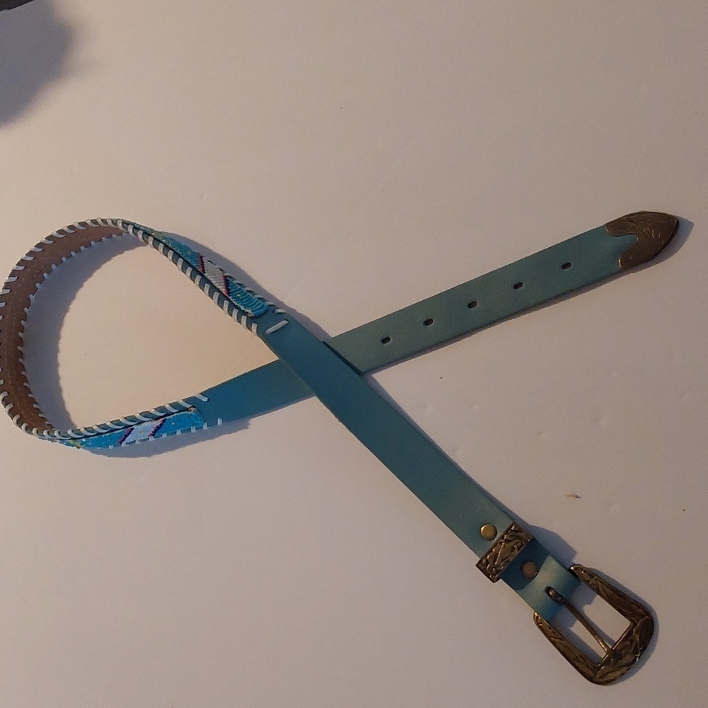 Vintage Ice Blue Leather Beaded aztec Design Belt Brass TONE Buckle Sz.M - Picture 3 of 7